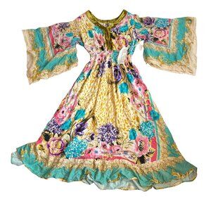 Aratta Silent Journey Artisan Leopard Maxi Dress multicolor Small yellow blue